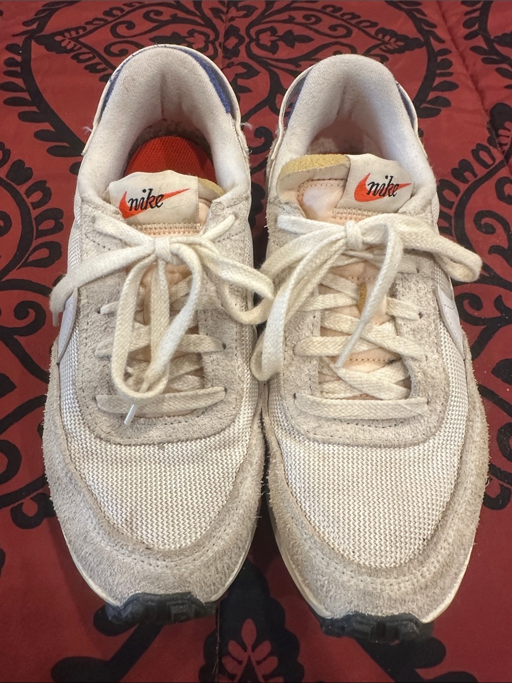 Nike Off-White/Tan Mesh & Suede Low-Top Sneakers with Orange Logo
